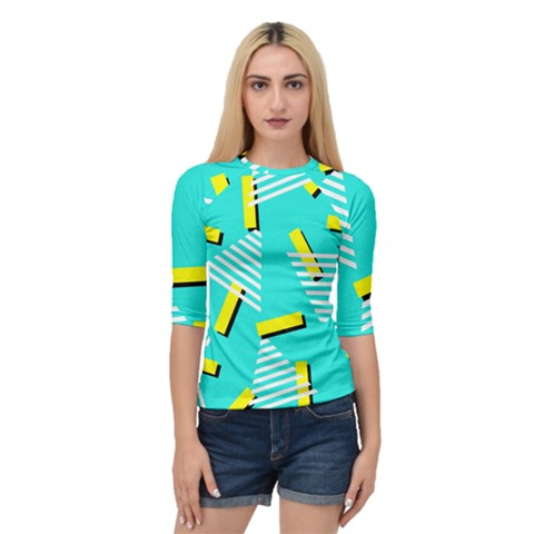 Vintage Unique Graphics Memphis Style Geometric Triangle Line Cube Yellow Green Blue Quarter Sleeve Tee by Mariart