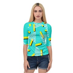 Vintage Unique Graphics Memphis Style Geometric Triangle Line Cube Yellow Green Blue Quarter Sleeve Tee