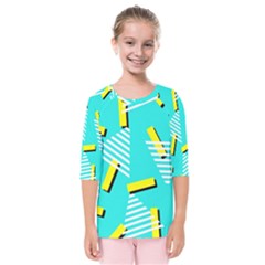 Vintage Unique Graphics Memphis Style Geometric Triangle Line Cube Yellow Green Blue Kids  Quarter Sleeve Raglan Tee