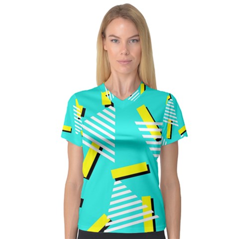 Vintage Unique Graphics Memphis Style Geometric Triangle Line Cube Yellow Green Blue Women s V-neck Sport Mesh Tee by Mariart