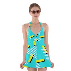 Vintage Unique Graphics Memphis Style Geometric Triangle Line Cube Yellow Green Blue Halter Swimsuit Dress by Mariart