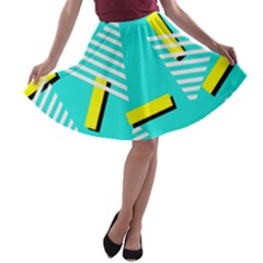 Vintage Unique Graphics Memphis Style Geometric Triangle Line Cube Yellow Green Blue A-line Skater Skirt