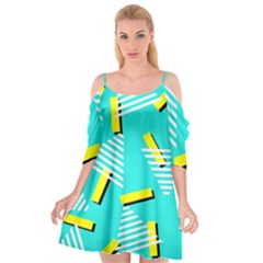 Vintage Unique Graphics Memphis Style Geometric Triangle Line Cube Yellow Green Blue Cutout Spaghetti Strap Chiffon Dress