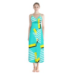 Vintage Unique Graphics Memphis Style Geometric Triangle Line Cube Yellow Green Blue Button Up Chiffon Maxi Dress