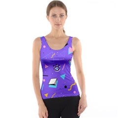 Vintage Unique Graphics Memphis Style Geometric Style Pattern Grapic Triangle Big Eye Purple Blue Tank Top by Mariart