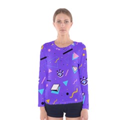 Vintage Unique Graphics Memphis Style Geometric Style Pattern Grapic Triangle Big Eye Purple Blue Women s Long Sleeve Tee