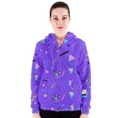 Vintage Unique Graphics Memphis Style Geometric Style Pattern Grapic Triangle Big Eye Purple Blue Women s Zipper Hoodie