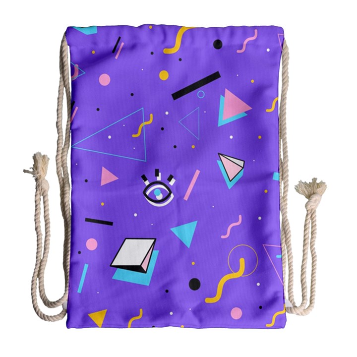 Vintage Unique Graphics Memphis Style Geometric Style Pattern Grapic Triangle Big Eye Purple Blue Drawstring Bag (Large)