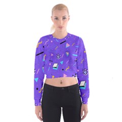 Vintage Unique Graphics Memphis Style Geometric Style Pattern Grapic Triangle Big Eye Purple Blue Cropped Sweatshirt by Mariart