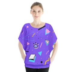 Vintage Unique Graphics Memphis Style Geometric Style Pattern Grapic Triangle Big Eye Purple Blue Blouse