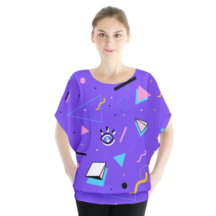 Vintage Unique Graphics Memphis Style Geometric Style Pattern Grapic Triangle Big Eye Purple Blue Blouse