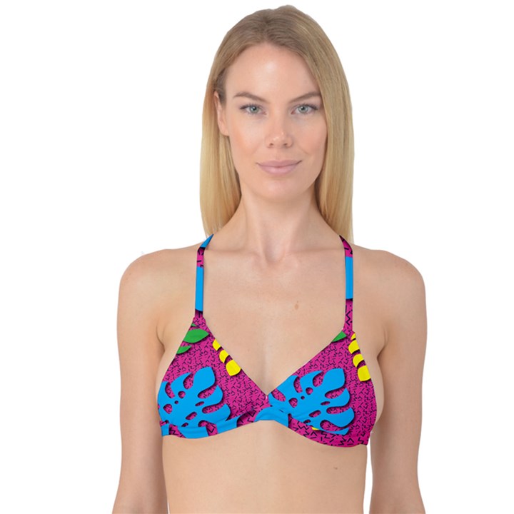 Vintage Unique Graphics Memphis Style Geometric Leaf Green Blue Yellow Pink Reversible Tri Bikini Top