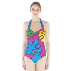 Vintage Unique Graphics Memphis Style Geometric Leaf Green Blue Yellow Pink Halter Swimsuit by Mariart