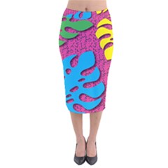 Vintage Unique Graphics Memphis Style Geometric Leaf Green Blue Yellow Pink Velvet Midi Pencil Skirt