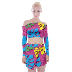 Vintage Unique Graphics Memphis Style Geometric Leaf Green Blue Yellow Pink Off Shoulder Top With Skirt Set by Mariart