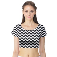 Waves Stripes Triangles Wave Chevron Black Short Sleeve Crop Top (tight Fit)