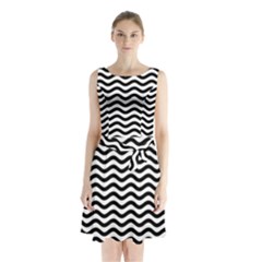 Waves Stripes Triangles Wave Chevron Black Sleeveless Waist Tie Chiffon Dress