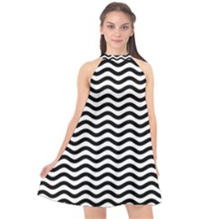 Waves Stripes Triangles Wave Chevron Black Halter Neckline Chiffon Dress 