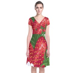 Strawberry Red Seed Leaf Green Short Sleeve Front Wrap Dress by Mariart