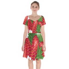 Strawberry Red Seed Leaf Green Short Sleeve Bardot Dress