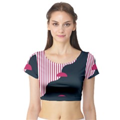 Waves Line Polka Dots Vertical Black Pink Short Sleeve Crop Top (tight Fit)