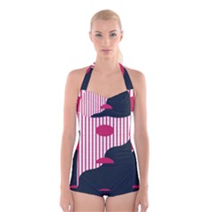 Waves Line Polka Dots Vertical Black Pink Boyleg Halter Swimsuit  by Mariart