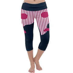 Waves Line Polka Dots Vertical Black Pink Capri Yoga Leggings