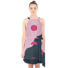 Waves Line Polka Dots Vertical Black Pink Halter Collar Waist Tie Chiffon Dress by Mariart