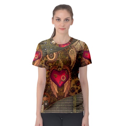 Steampunk Golden Design, Heart With Wings, Clocks And Gears Women s Sport Mesh Tee by FantasyWorld7