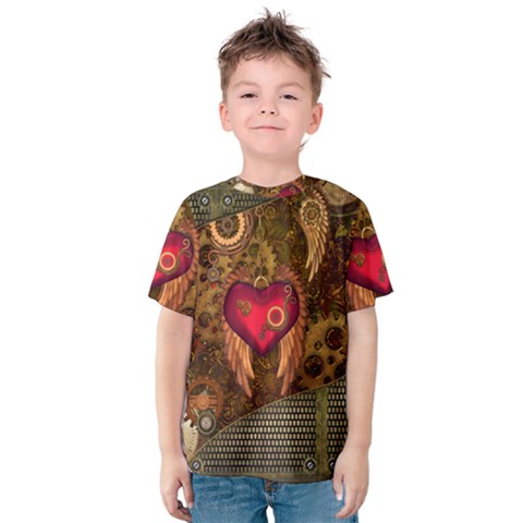 Steampunk Golden Design, Heart With Wings, Clocks And Gears Kids  Cotton Tee by FantasyWorld7