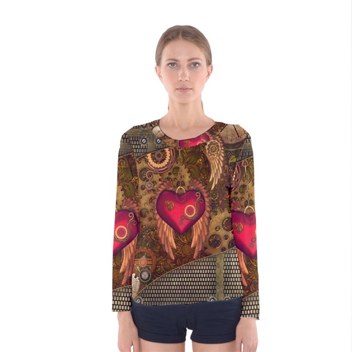 Steampunk Golden Design, Heart With Wings, Clocks And Gears Women s Long Sleeve Tee