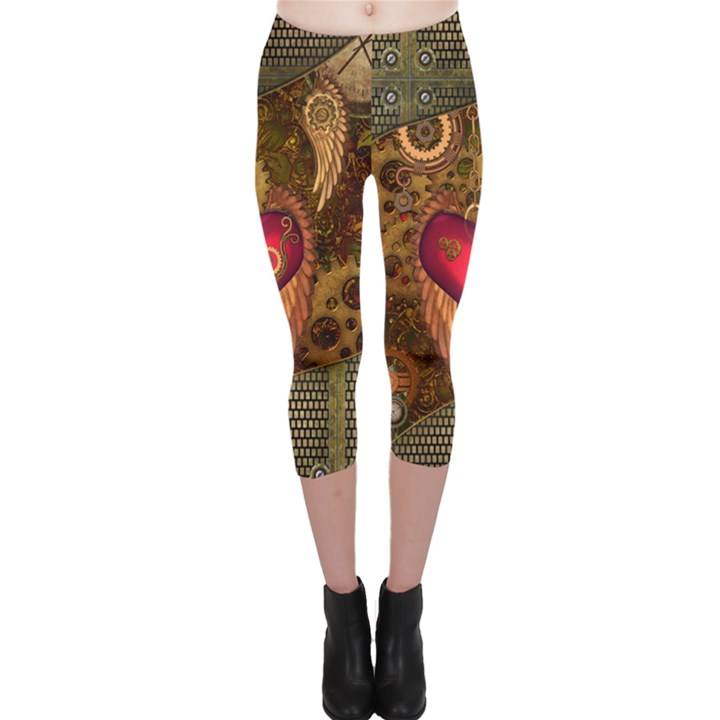 Steampunk Golden Design, Heart With Wings, Clocks And Gears Capri Leggings 