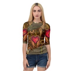 Steampunk Golden Design, Heart With Wings, Clocks And Gears Quarter Sleeve Tee