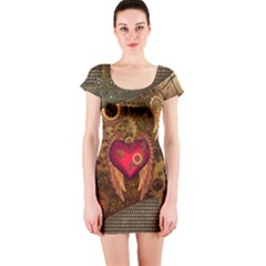 Steampunk Golden Design, Heart With Wings, Clocks And Gears Short Sleeve Bodycon Dress