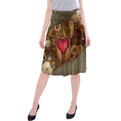 Steampunk Golden Design, Heart With Wings, Clocks And Gears Midi Beach Skirt by FantasyWorld7