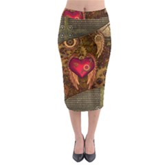 Steampunk Golden Design, Heart With Wings, Clocks And Gears Midi Pencil Skirt by FantasyWorld7