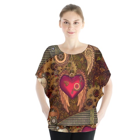 Steampunk Golden Design, Heart With Wings, Clocks And Gears Blouse by FantasyWorld7