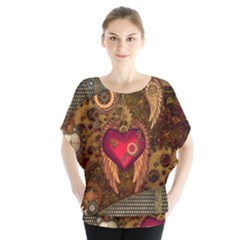 Steampunk Golden Design, Heart With Wings, Clocks And Gears Blouse