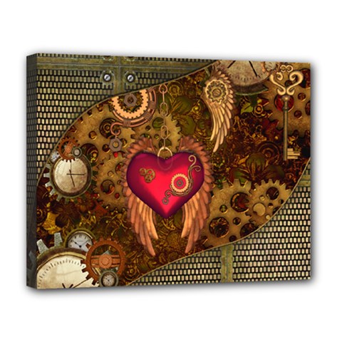 Steampunk Golden Design, Heart With Wings, Clocks And Gears Canvas 14  X 11  by FantasyWorld7