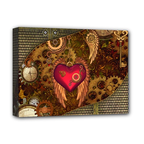 Steampunk Golden Design, Heart With Wings, Clocks And Gears Deluxe Canvas 16  X 12   by FantasyWorld7