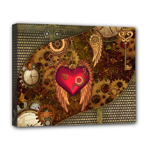 Steampunk Golden Design, Heart With Wings, Clocks And Gears Deluxe Canvas 20  X 16   by FantasyWorld7