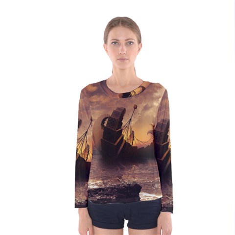 Steampunk Fractalscape, A Ship For All Destinations Women s Long Sleeve Tee by jayaprime