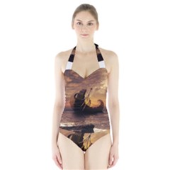 Steampunk Fractalscape, A Ship For All Destinations Halter Swimsuit