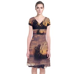 Steampunk Fractalscape, A Ship For All Destinations Short Sleeve Front Wrap Dress