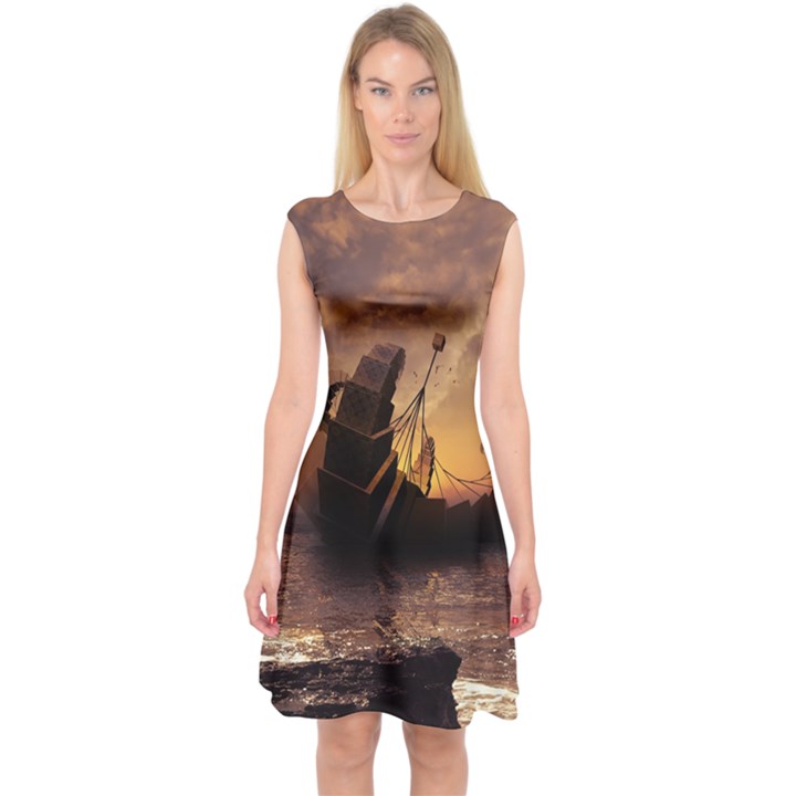 Steampunk Fractalscape, A Ship For All Destinations Capsleeve Midi Dress