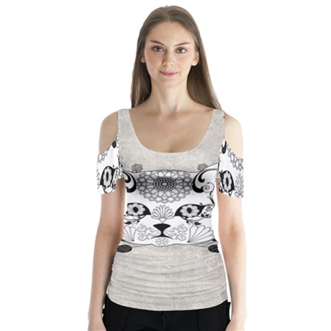 Wonderful Sugar Cat Skull Butterfly Sleeve Cutout Tee  by FantasyWorld7