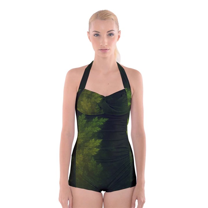 Beautiful Fractal Pines In The Misty Spring Night Boyleg Halter Swimsuit 