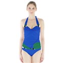 Blue Flower Leaf Black White Striped Rose Halter Swimsuit View1