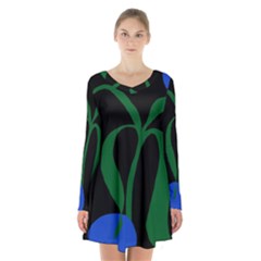 Flower Green Blue Polka Dots Long Sleeve Velvet V-neck Dress by Mariart