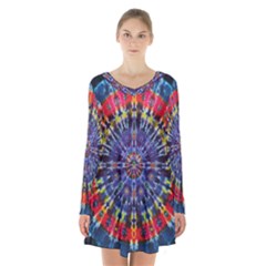 Circle Purple Green Tie Dye Kaleidoscope Opaque Color Long Sleeve Velvet V-neck Dress by Mariart